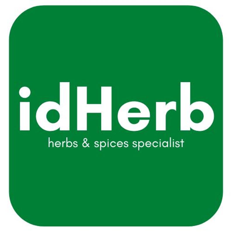 May include: A green square with rounded corners displays the white text "idHerb" above "herbs & spices specialist" in a sans-serif font. The logo is a simple, clean design.