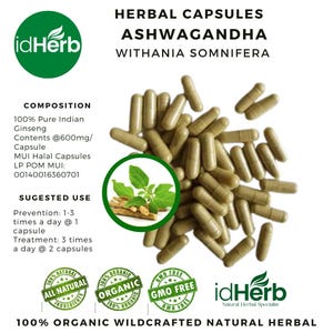 May include: A product label for idHerb Ashwagandha herbal capsules. The capsules are light brown and scattered across the image. The label includes text about the composition, suggested use, and certifications, including "100% Organic Wildcrafted Natural Herbal."
