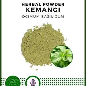 May include: Green herbal powder labeled "idHerb Herbal Powder Kemangi Ocimum Basilicum". The label also states "All Natural Vegan Non-GMO No Fillers" and "Halal Indonesia". The image also shows a close-up of fresh green Kemangi leaves.