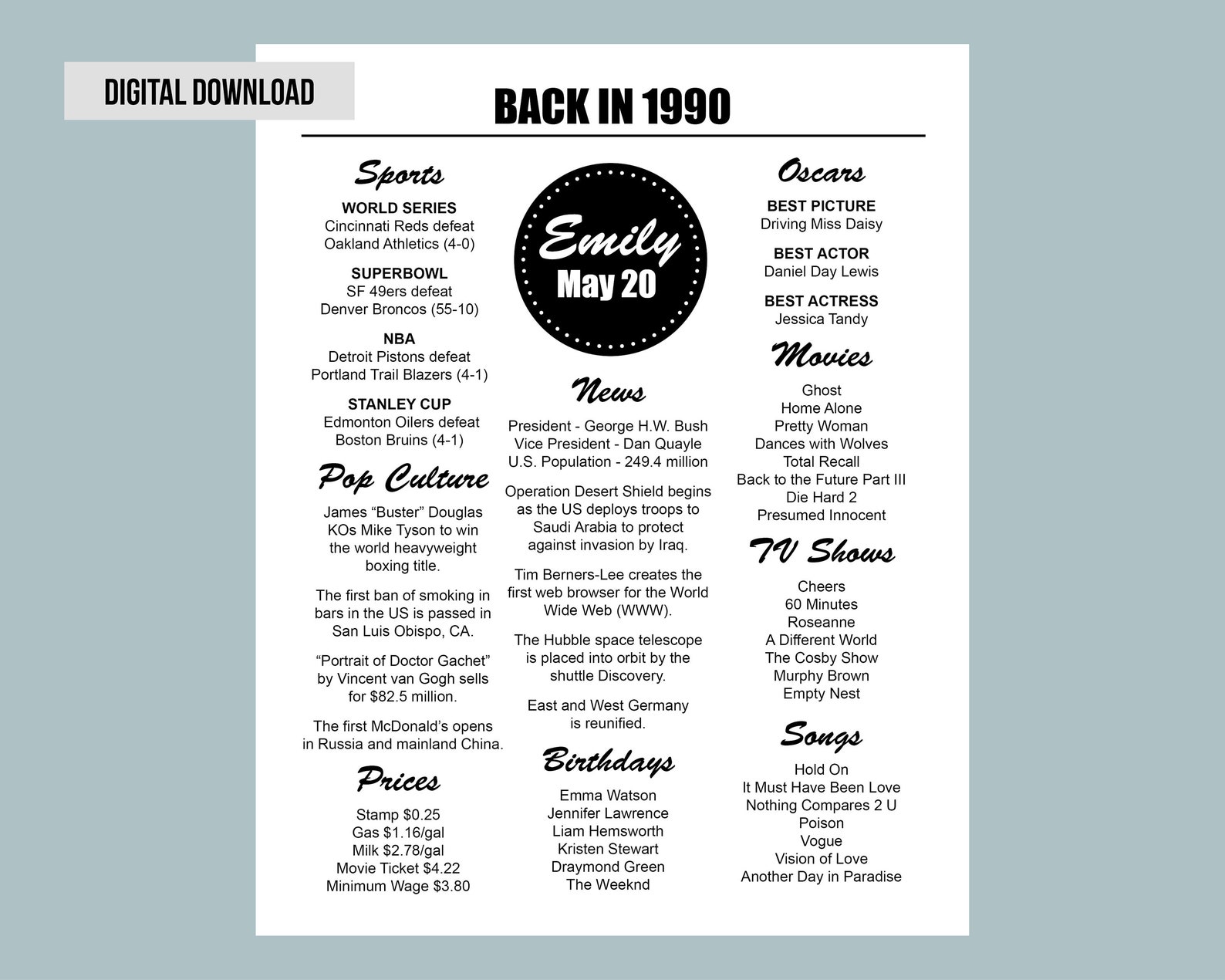Back in 1990 1990 Fun Facts 1990 Year You Were Born 1990 | Etsy