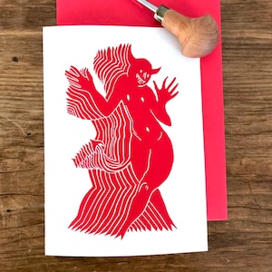 Tarjeta linoprint El diablo en dos palos