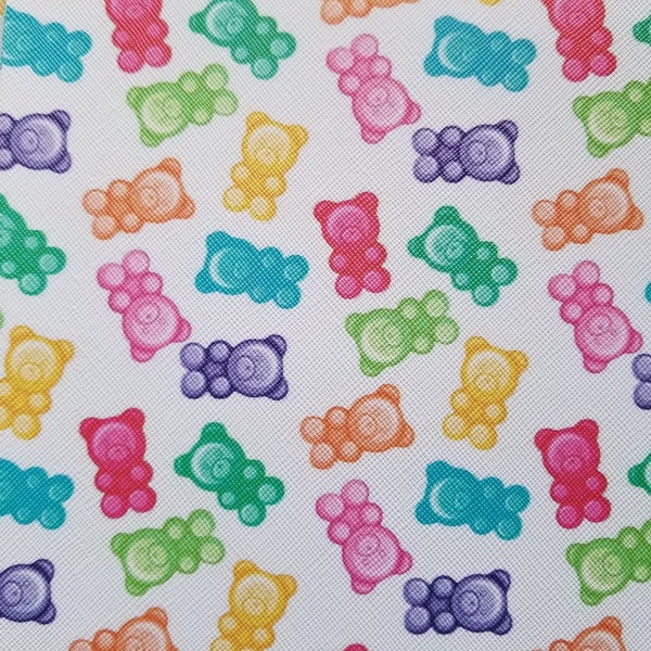 Gummy bears printed faux leather sheets, faux leather, vegan leather, gummy bears, craft supplies, bow supplies, printed faux leather