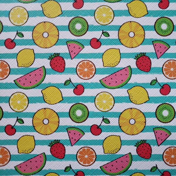 FRUITS AND STRIPES faux leather sheets, synthetic leather, vegan leather, printed leather, frutas, piel sintetica, bow supplies, crafts