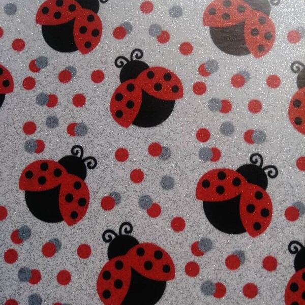 Ladybug glitter sheets, printed faux leather, printed glitter sheets, glitter sheets, vegan leather, ladybug leather sheets, faux leather