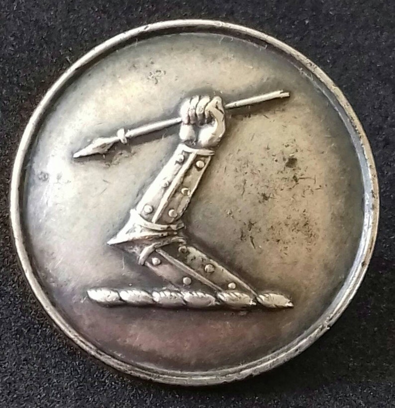 Antique Silver Plate Livery Button to Laybourne Family Arm Erect Grasping Spear 25.5mm by Firmin