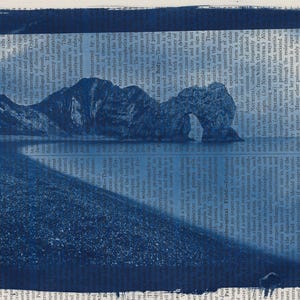 May include: A cyanotype print featuring a coastal landscape with a rock arch and a beach. The image is printed on a page with text, and the word "NEUROPATHOLOGY" is visible.