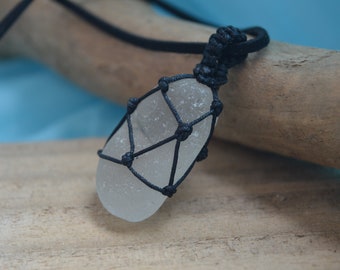 Gioielli di vetro di mare bianco vetro, monili di vetro di mare, regali fatti a mano pendente, bellissime, natura gioielli, regalo fatto a mano, collana Unisex, spiaggia
