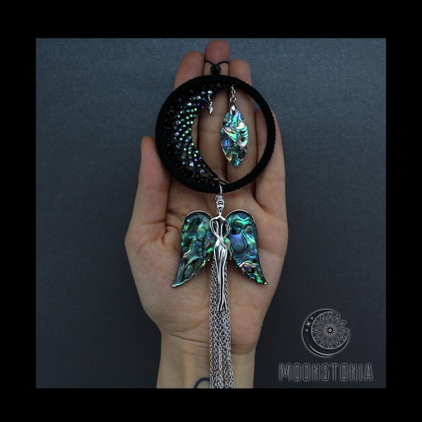 Petit noir argent croissant de lune ange étincelant dream catcher nacre coquille cristaux rétroviseur charme voiture décor suspendu accessoire