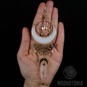 Moth Crescent Moon Suncatcher, Rearview Mirror Car Charm, Window Decor, car decor, mirror hanger, car accessory, celestial, Dream catcher