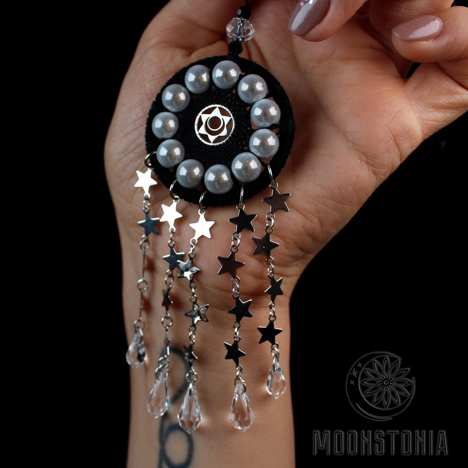 Mini Black and Purple Shiny Dream Catcher Crystals Rear View Mirror ...