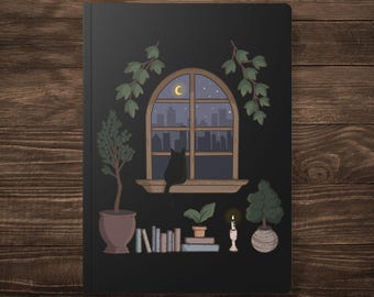 Nighttime City Skyline Cat Softcover Journal - Cozy and Dreamy Design, Gift for Writers, Creative Journal, Reading Log, Aesthetic Stationery