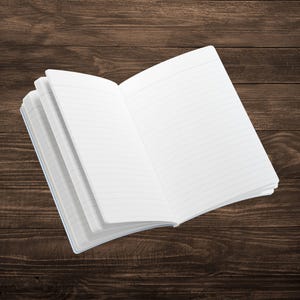 May include: An open notebook with lined pages, lying on a brown wooden surface.