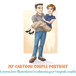 My Cartoon couple portrait - Cute stylized portrait of 2 characters full figure - A drawing for Valentines & weddings, couple romantic gifts