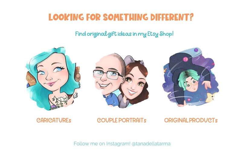 Op de afbeelding: Een digitale illustratie die drie verschillende soorten aangepaste kunstwerken laat zien die worden aangeboden in een Etsy-winkel. De eerste afbeelding toont een karikatuur van een vrouw met blauw haar. De tweede afbeelding toont een portret van een stel van een man en een vrouw. De derde afbeelding toont een persoon in een blauw en paars ruimtepak met een groene achtergrond. De tekst "LOOKING FOR SOMETHING DIFFERENT?" staat bovenaan de afbeelding. De tekst "Find original gift ideas in my Etsy Shop!" staat onder de afbeeldingen. De tekst "CARICATURES", "COUPLE PORTRAITS" en "ORIGINAL PRODUCTS" staat onder elke afbeelding. De tekst "Follow me on Instagram! @tanadellatarma" staat onderaan de afbeelding.