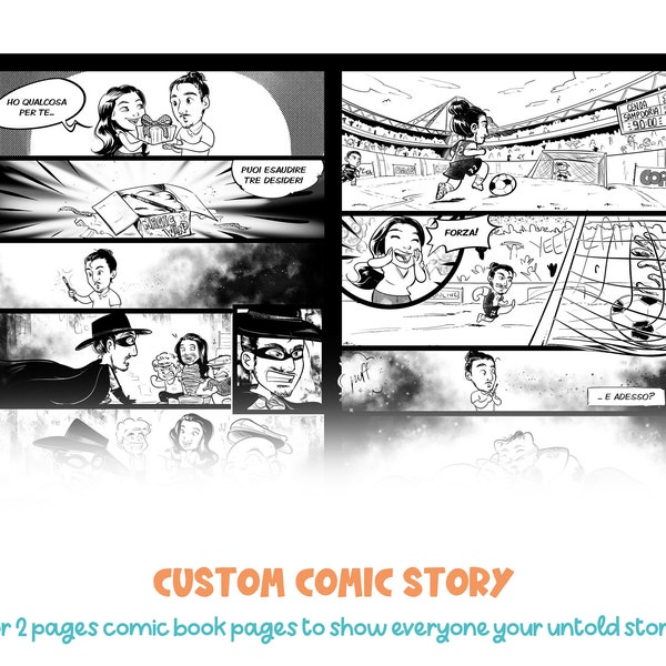 Custom printable  comics - Share your story as a comic page with custom cartoon portrait for a unique gift for birthdays and wedding gift!
