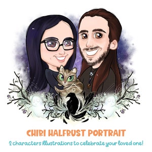 Ritratto di coppia in stile chibi - un dolce disegno mezzobusto per San Valentino, migliori amici, regali di coppia simpatici e teneri!