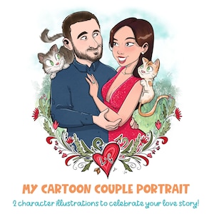 My Cartoon couple portrait - A cute stylized portrait from photos of two characters halfbust - A cute drawing for Save the date & weddings