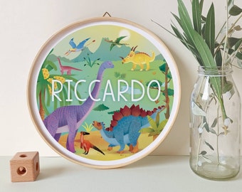 Baby name print with dinosaur illustration with wooden frame, Dinosaur print, personalized name plate, birth bedroom print