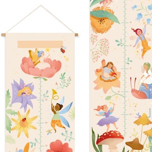 BLOEMEN en FAIIES groeimeter voor kinderkamer, decoratie voor kleine meisjeskamer, illustratie voor slaapkamer, geboortecadeau, cadeau voor klein meisje