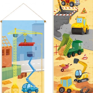Metro CANTIERE camera bambini, Metro crescita, decorazione parete nursery, illustrazione per cameretta, trattori macchine, regalo nascita