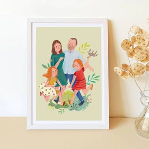 Family portrait in NATURE, personalized watercolor drawing with delicate and lively colours, portrait of a child and a couple in the meadow