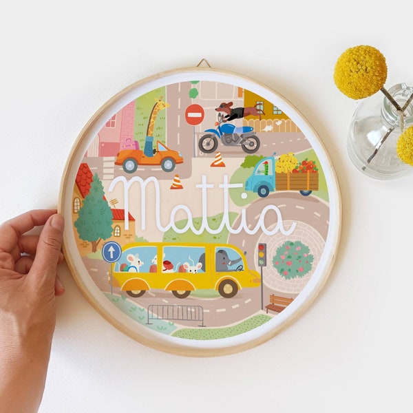 Impression prénom personnalisée avec cadre bambou, illustration voiture, plaque nom enfant, décoration chambre fille, cadeau naissance