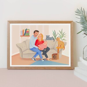 Family painting with NEWBORN, personalized portrait of the family in front of the place that best represents them, watercolor drawing