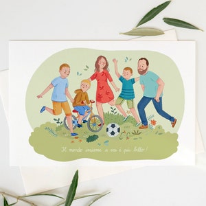 Disegno per gli zii "Il mondo insieme a voi è più bello!", ritratto personalizzato con zii e nipoti, disegno ad acquerello