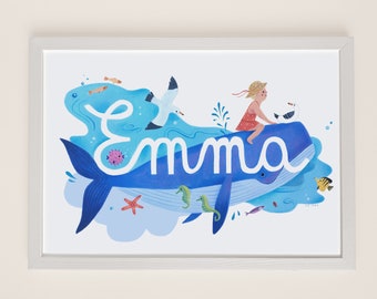 Whale under the sea illustration custom name hand painted, children's bedroom decoration, birth gift, name illustration