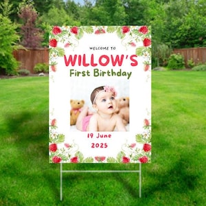 First Birthday Yard Sign, Strawberry Birthday Sign, Cute Birthday Sign, Front Lawn Birthday Sign, Stand Included, Welcome Front Lawn Sign