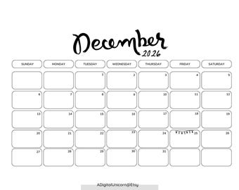 PRINTABLE Dated December 2026 Minimalist Monthly Calendar Printable, Simple Calendar, Instant Digital Download, Dated Monthly Planner 2026