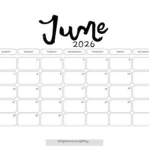 PRINTABLE Dated June 2026 Minimalist Monthly Calendar Printable, Simple Calendar, Instant Digital Download, Dated Monthly Planner 2026