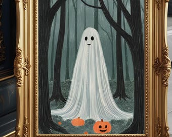 Poster Ghost in Forest, Halloween Wall Art, Ghost Forest Art, Spooky Wall Art, Vintage Spooky Painting, Dark Fall Decor, Halloween Decor
