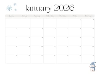 PRINTABLE Dated January 2026 Minimalist Monthly Calendar Printable, Simple Calendar, Instant Digital Download, Dated Monthly Planner 2026