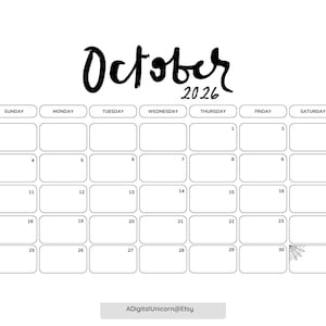 PRINTABLE Dated October 2026 Minimalist Monthly Calendar Printable, Simple Calendar, Instant Digital Download, Dated Monthly Planner 2026