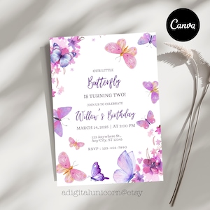 EDITABLE Butterfly Birthday Invitation, Pink and Purple Butterfly Invite, Butterfly Birthday Invitation, Cute Butterflies Birthday Invite