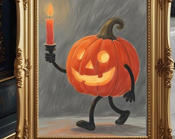Vintage Cute Jackolantern Holding Candle Victorian Painting Printable, Dark Academia Room Decor Download, Spooky Halloween Pumpkin Art
