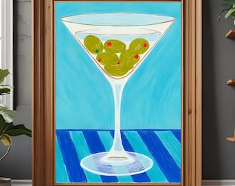 CUTE Martini Print, Bar Cart Art Print, Digital Download, Cocktail Art Print, Martini Art Print, Bar Cart Decor, Blue Martini Glass Print