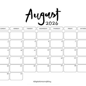 PRINTABLE Dated August 2026 Minimalist Monthly Calendar Printable, Simple Calendar, Instant Digital Download, Dated Monthly Planner 2026