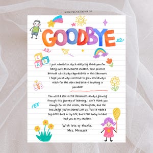 Carta de despedida para estudiantes y maestros IMPRIMIBLE Carta de despedida Poema Carta de fin de año escolar Imprimible Editable Regalo para clase de escuela primaria