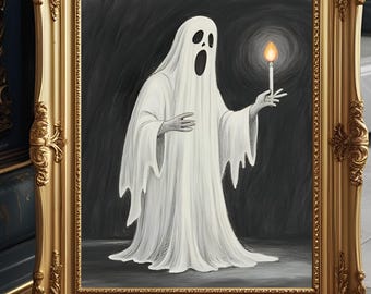 Vintage Cute Small Ghost Holding Candle Victorian Panting Printable, Dark Academia Room Decor Download, Spooky Halloween Ghost Digital Art