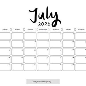 PRINTABLE Dated July 2026 Minimalist Monthly Calendar Printable, Simple Calendar, Instant Digital Download, Dated Monthly Planner 2026