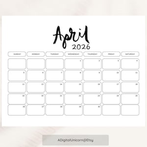 EDITABLE Dated April 2026 Minimalist Monthly Calendar Printable, Simple Calendar, Instant Digital Download, Dated Monthly Planner 2026