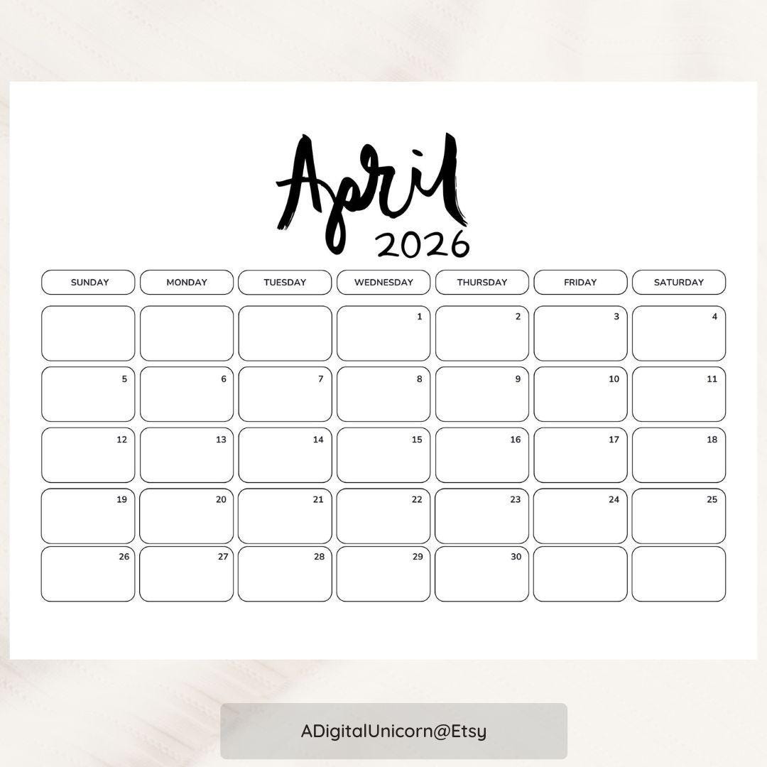 EDITABLE Dated April 2026 Minimalist Monthly Calendar Printable, Simple Calendar, Instant Digital Download, Dated Monthly Planner 2026