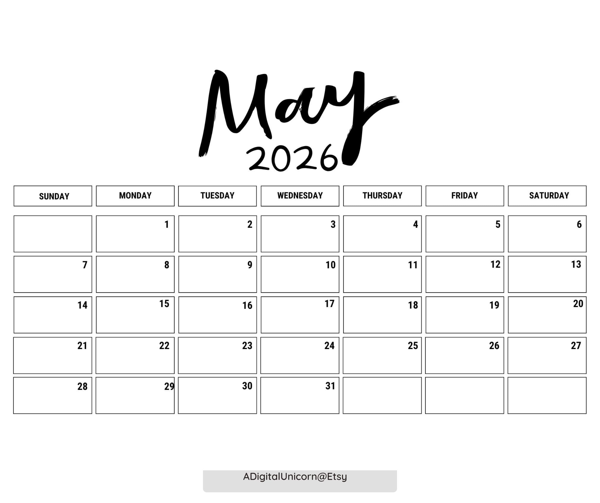 DO DRUKU Z datą maj 2026 Minimalistyczny kalendarz miesięczny do druku, prosty kalendarz, natychmiastowe pobieranie cyfrowe, datowany miesięczny planer 2026