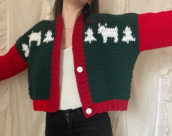 festive cardigan - crochet holiday button up in red and green with white graphics across the chest: Bear, pine, snowflake, reindeer