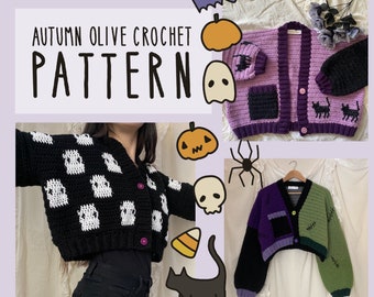 Crochet Pattern - Halloween Cardigan 8 different graphics, sweater pattern with optional buttons, pockets, size inclusive, made to measure