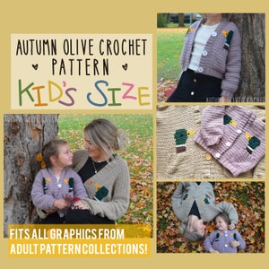 May include: A crochet pattern for a kid's size cardigan with a duck graphic. The pattern is available in multiple colors and fits all graphics from the adult pattern collections.