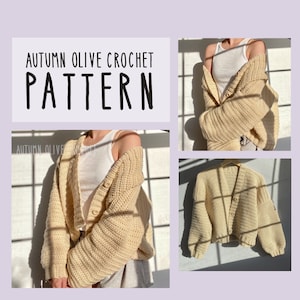 Crochet Pattern - Autumn Olive Cardigan - classy open front sweater pattern with optional buttons, pockets, size inclusive, made to measure