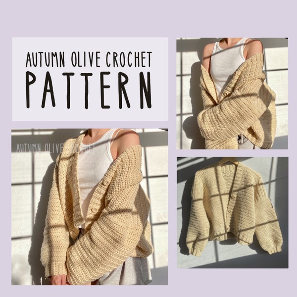 Crochet Pattern - Autumn Olive Cardigan - classy open front sweater pattern with optional buttons, pockets, size inclusive, made to measure